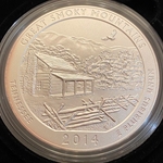 2014-P ATB 5 Oz 999 Fine Silver Coin, Great Smoky Mountains National Park