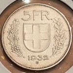 1932-B Switzerland, 5 Francs Herdsman; Silver .835