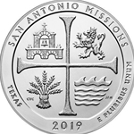 2019 ATB 5 Oz 999 Fine Silver Coin, San Antonio Missions National Historical Park