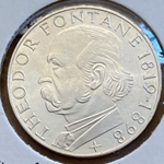 1969-G Germany, 5 Deutsche Mark Theodor Fontane, KM125