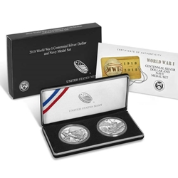 World War I Centennial 2018 Silver Dollar and Navy Medal Set