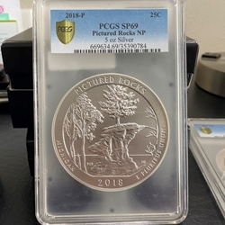 2018 ATB 5 Oz 999 Fine Silver Coin, Pictured Rocks National Lakeshore, SP69