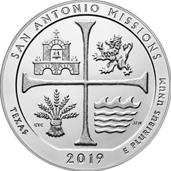 2019 ATB 5 Oz 999 Fine Silver Coin, San Antonio Missions National Historical Park
