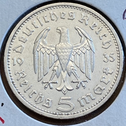 1935-E Germany, 5 Reichsmark Paul von Hindenburg, J-360