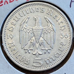 1936-A Germany, 5 Reichsmark Paul von Hindenburg, J-360