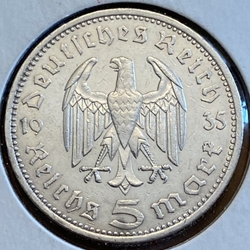 1935-A Germany, 5 Reichsmark Paul von Hindenburg, J-360