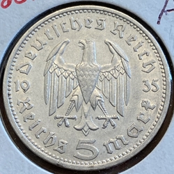 1935-A Germany, 5 Reichsmark Paul von Hindenburg, J-360