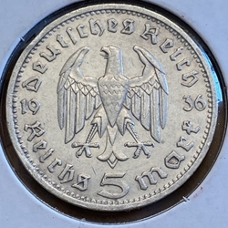 1936-G Germany, 5 Reichsmark Paul von Hindenburg, J-360