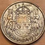 1954 50 Cents - Elizabeth II 1st portrait, simplified coat of arms