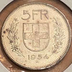 1954-B Switzerland, 5 Francs Herdsman; Silver .835