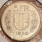 1953-B Switzerland, 5 Francs Herdsman; Silver .835