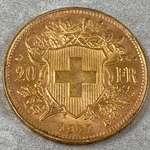 1947-B Switzerland, 20 Francs "Vreneli", .900, .1867 oz gold, 1 Each