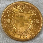 1935-B Switzerland, 20 Francs "Vreneli", .900, .1867 oz gold, 1 Each