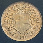 1935-B Switzerland, 20 Francs "Vreneli", .900, .1867 oz gold, 1 Each