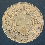 1935-B Switzerland, 20 Francs "Vreneli", .900, .1867 oz gold, 1 Each
