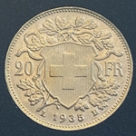 1935-B Switzerland, 20 Francs "Vreneli", .900, .1867 oz gold, 1 Each