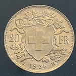 1935-B Switzerland, 20 Francs "Vreneli", .900, .1867 oz gold, 1 Each