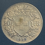 1922-B Switzerland, 20 Francs "Vreneli", .900, .1867 oz gold, 1 Each