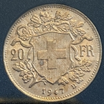 1947-B Switzerland, 20 Francs "Vreneli", .900, .1867 oz gold, 1 Each