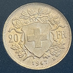 1947-B Switzerland, 20 Francs "Vreneli", .900, .1867 oz gold, 1 Each