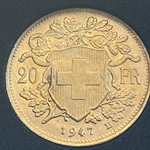 1947-B Switzerland, 20 Francs "Vreneli", .900, .1867 oz gold, 1 Each