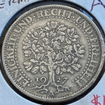 1927A Germany, 5 Reichsmark, Oak Tree, KM 56
