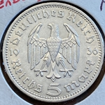 1936-A Germany, 5 Reichsmark Paul von Hindenburg, J-360
