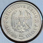 1936-A Germany, 5 Reichsmark Paul von Hindenburg, J-360