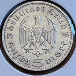 1936-G Germany, 5 Reichsmark Paul von Hindenburg, J-360