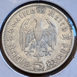 1936-A Germany, 5 Reichsmark Paul von Hindenburg, J-360