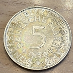 1958D Germany, 5 Deutsche Mark, KM112