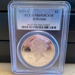 1993-S Thomas Jefferson 250th Anniversary Commemorative Proof Silver Dollar - PR69DCAM