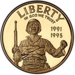 1991-1995 World War II 50th Anniversary Five Dollar Gold Commemorative Coin, 1 Each