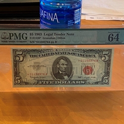 Legal Tender Note, 1963, $5.00 PMG 64