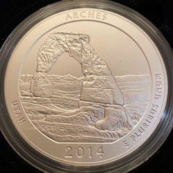 2014-P ATB 5 Oz 999 Fine Silver Coin, Arches National Park