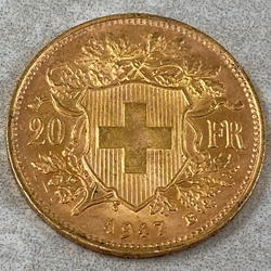 1947-B Switzerland, 20 Francs "Vreneli", .900, .1867 oz gold, 1 Each