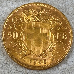 1935-B Switzerland, 20 Francs "Vreneli", .900, .1867 oz gold, 1 Each