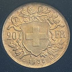 1935-B Switzerland, 20 Francs "Vreneli", .900, .1867 oz gold, 1 Each