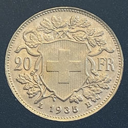 1935-B Switzerland, 20 Francs "Vreneli", .900, .1867 oz gold, 1 Each