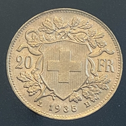 1935-B Switzerland, 20 Francs "Vreneli", .900, .1867 oz gold, 1 Each