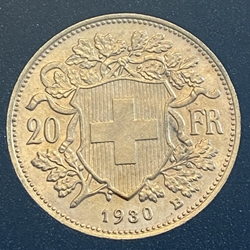 1930-B Switzerland, 20 Francs "Vreneli", .900, .1867 oz gold, 1 Each