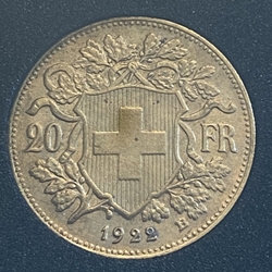 1922-B Switzerland, 20 Francs "Vreneli", .900, .1867 oz gold, 1 Each