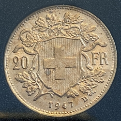 1947-B Switzerland, 20 Francs "Vreneli", .900, .1867 oz gold, 1 Each