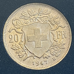 1947-B Switzerland, 20 Francs "Vreneli", .900, .1867 oz gold, 1 Each