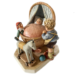 M.I. Hummel 565 Baby in a Bassinet with Boy and toy horse, Tmk 6